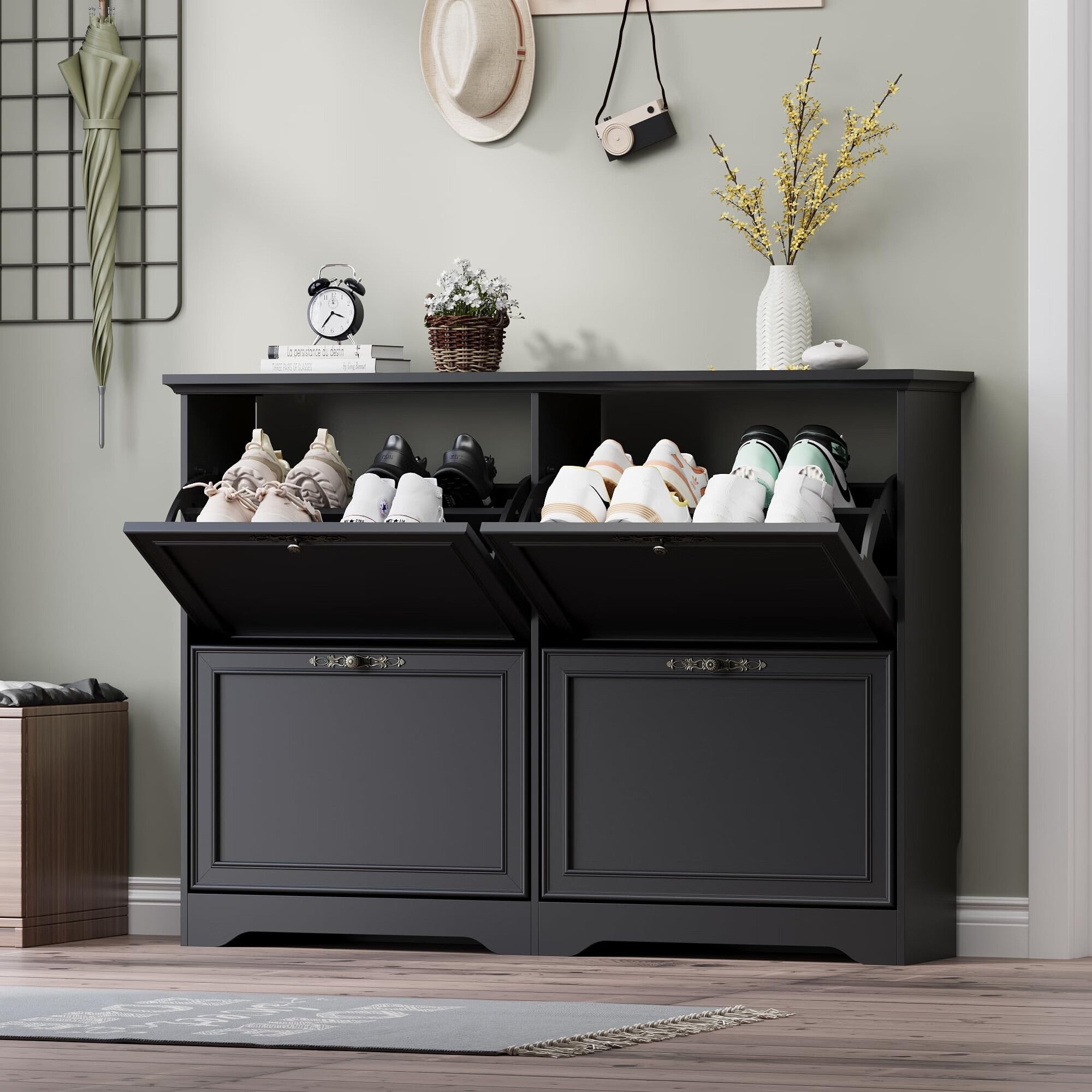 FANRAL Shoe Cabinet with 2 Flip Drawers & Open Storage,Adjustable Shelves en Slim Shoe Storage Cabinet and Rack for Entryway,
