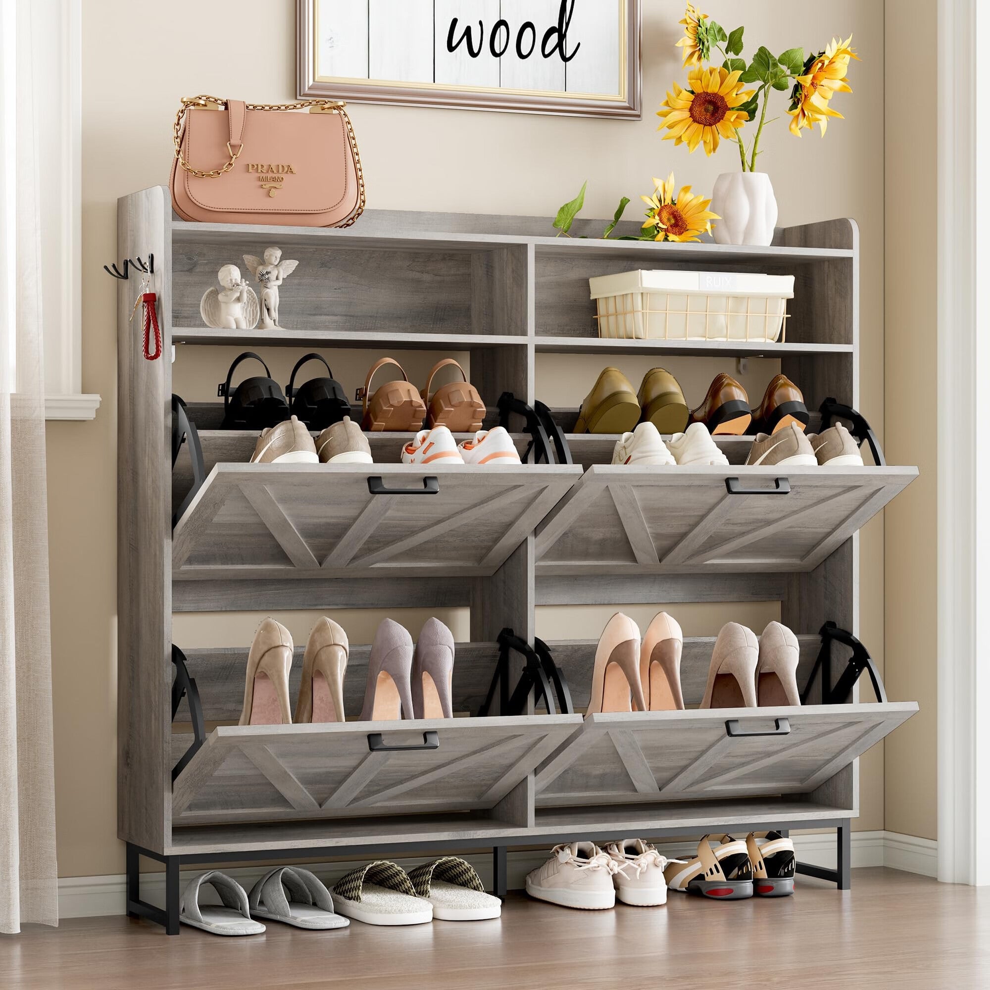 FANRAL Shoe Storage Cabinet for Entryway,2 Flip Drawer & Open Storage Shoe Rack Organizer,en Narrow Shoes Cabinet,