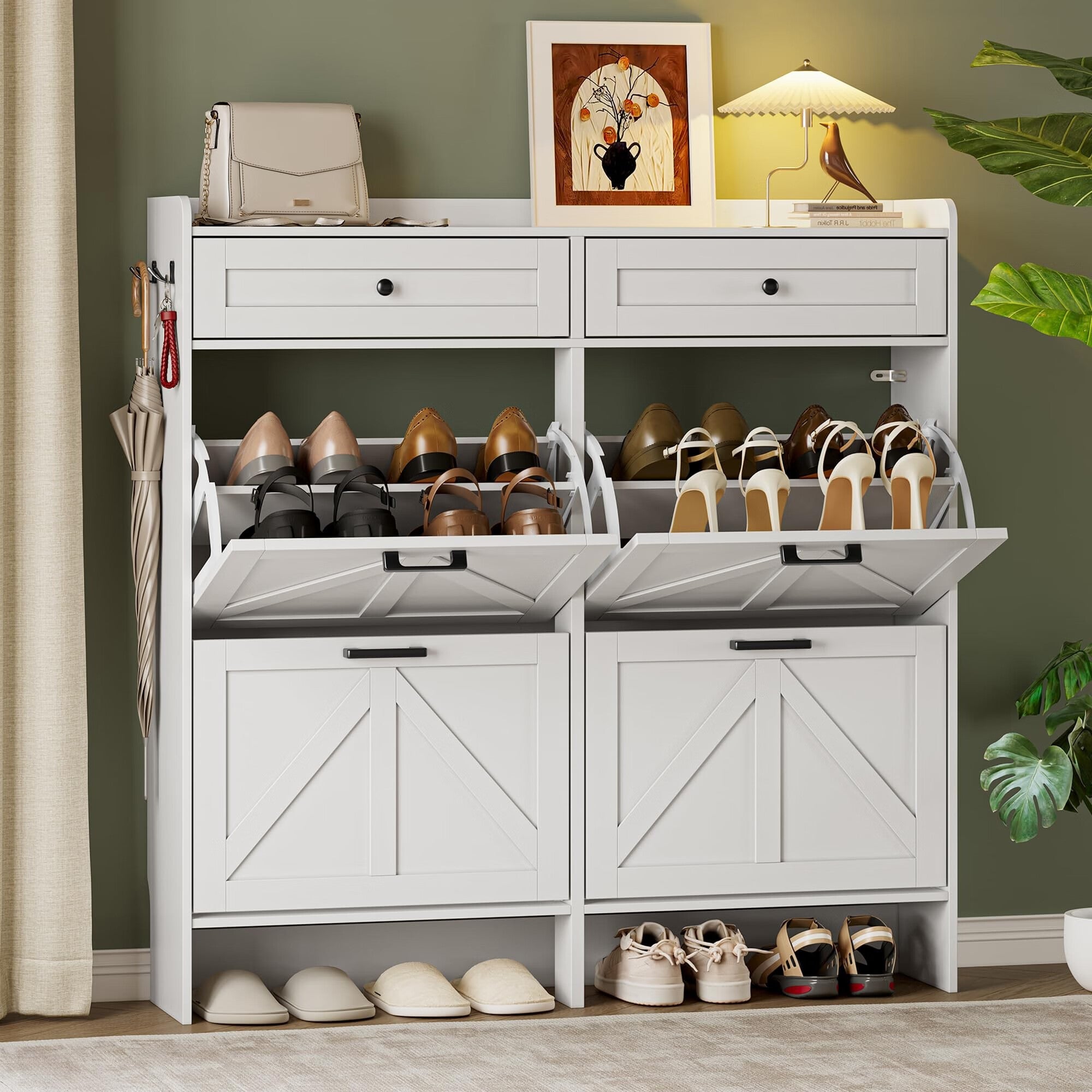 FANRAL Shoe Cabinet with 2 Flip Drawer & 2 Storage Drawer,Farmhouse Narrow Shoe Rack with Adjustable Shelve & Hook for Entryway,Hallway,