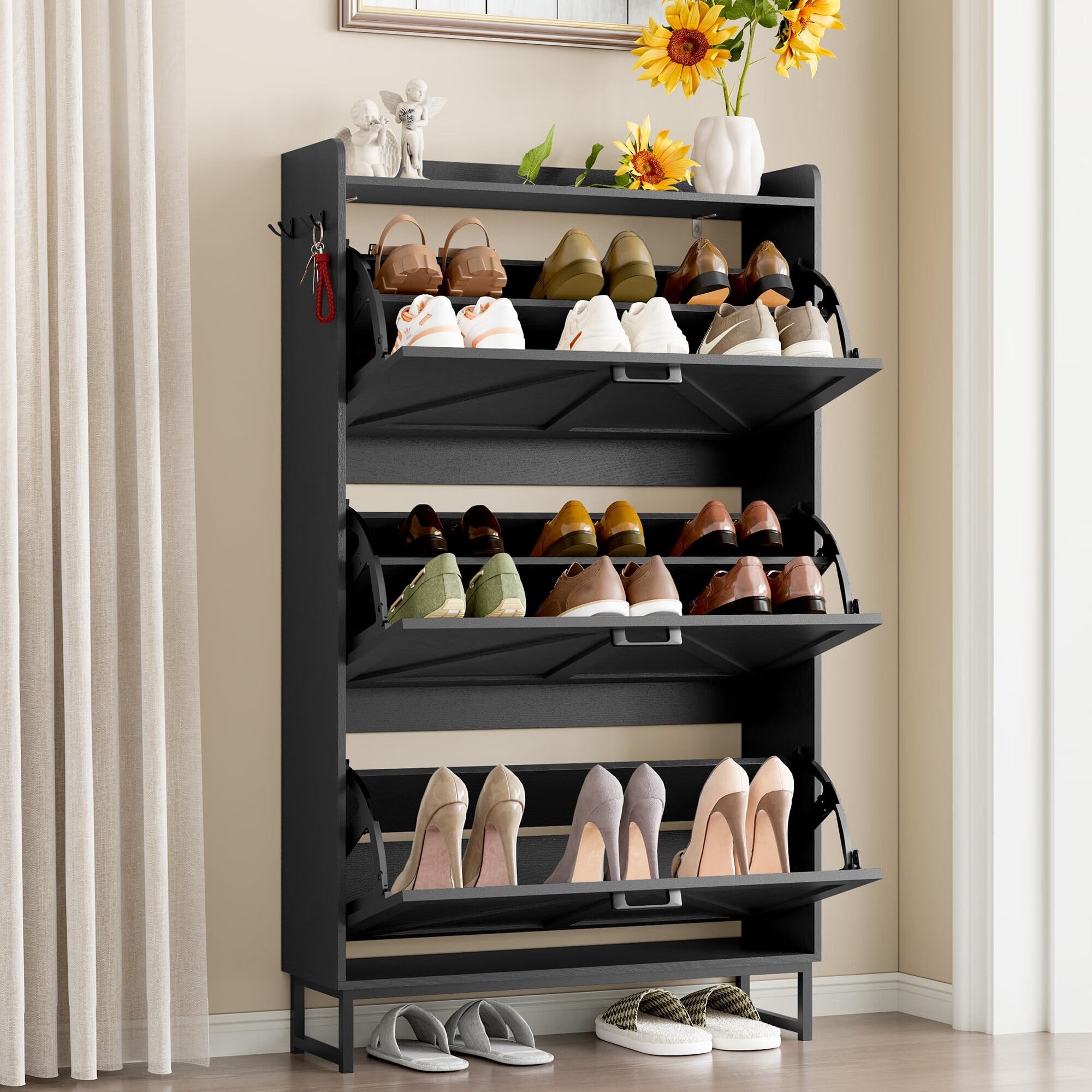 FANRAL Shoe Storage Cabinet for Entryway,2 Flip Drawer & Open Storage Shoe Rack Organizer,en Narrow Shoes Cabinet,